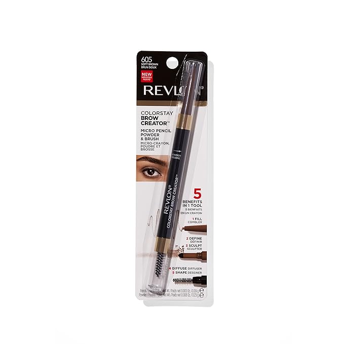 Revlon ColorStay Brow Creator, 2-in-1 Precise Eyebrow Pencil & Powder with Spoolie Brush, Waterproof & Long Lasting, 605 Soft Brown, 0.003 oz