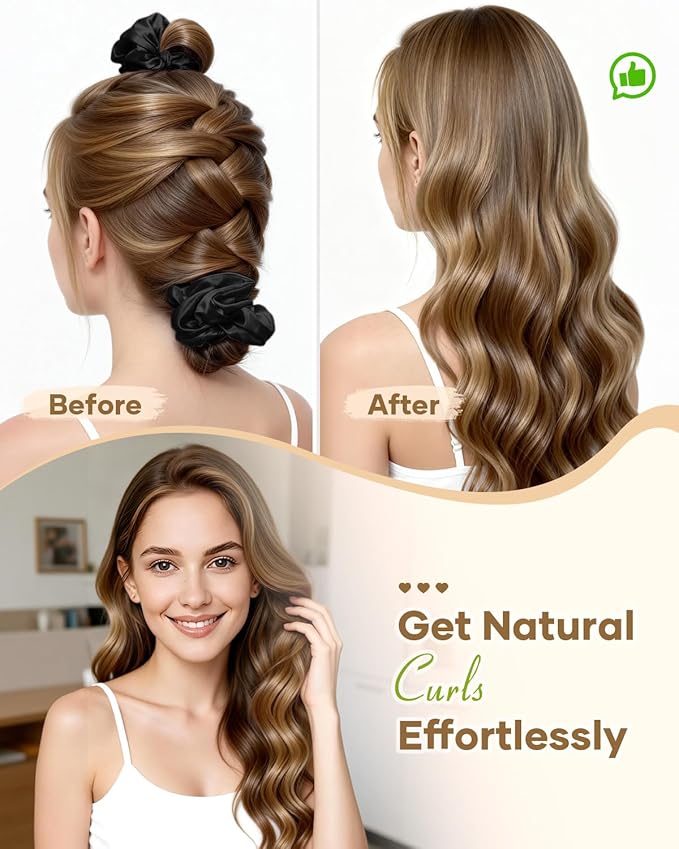 BONNET QUEEN Satin Heatless Hair Curler, Overnight Curls for Long Hair, Ultra Soft Daily Use of Hair Accessories & 2 Scrunchies, Damage-Free Styling, Soft Hair Curlers for Overnight, Light Black