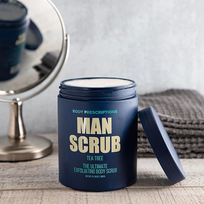 Body Prescriptions Men’s Exfoliating Body Scrub – Ultimate Skin Cleansing Wash in Jar with Twist-Top Lid, For All Skin Types, 21 Ounce (Pack of 4), Tea Tree