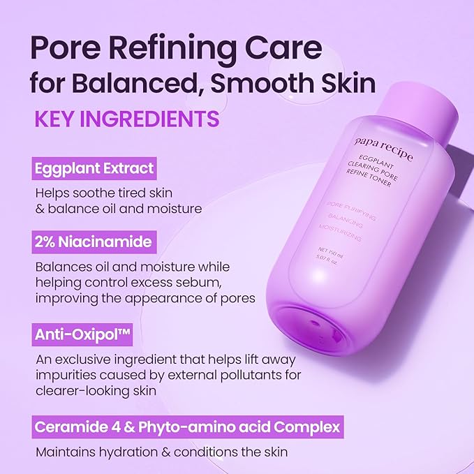 Papa Recipe Eggplant Clearing Pore Refine Toner (5.07 fl oz/150 ml) - 2% Niacinamide & Ceramides, Lightweight Milky Toner, Smooths Texture, Balances Oil & Hydration, Low-Irritation, Korean Skincare
