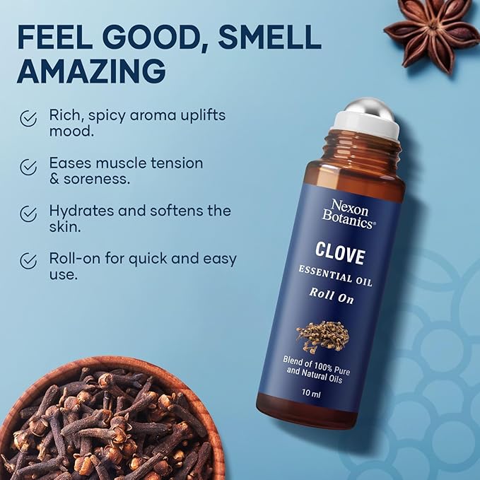 Clove Essential Oil Roll On 10 ml - Pre-Diluted Blend Roller for Skin, Teeth & Aromatherapy - Ready to Use - Made from Pure & Natural Oils - Nexon Botanics