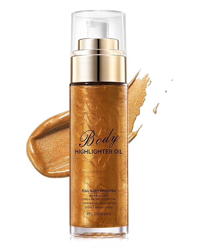Body Shimmer Glow Oil, Waterproof Long Lasting Face Brighten Bronze Gold Luminizer, Moisturizing Hydrating Body Liquid Illuminator Highlighter Women Makeup, Diamond Face Glitter for Festive Party#03