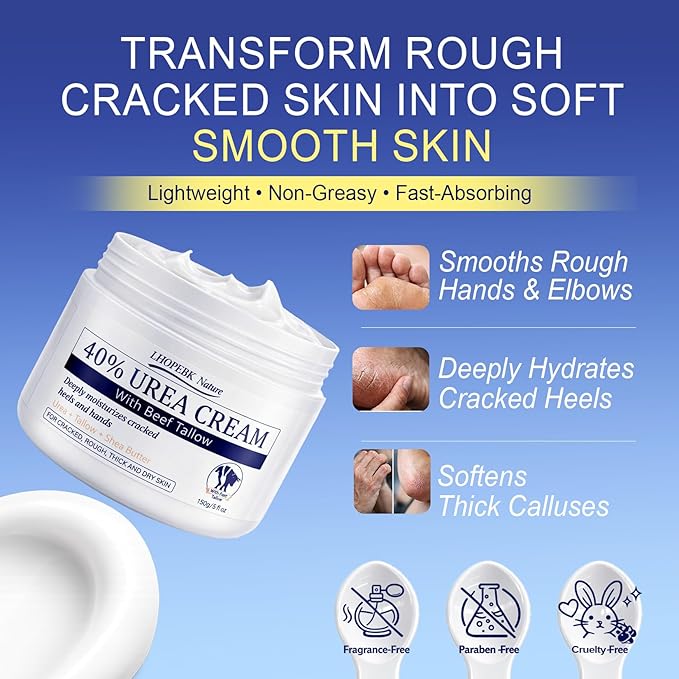 Urea Cream for Feet Cracked Moisturizing: 24H Moisture Maximum Strength Formula for Cracked Heels & Hands - Enriched with 40% Urea Beef Tallow & Salicylic Acid Fast Absorbing - 5 OZ
