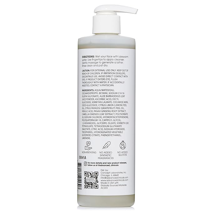 Advanced Clinicals Gentle Vitamin C Face Wash For Women & Men | Citrus Scented Gel Facial Cleanser Soap | Aloe Vera + Ferulic Acid Hydrating Foaming Wash For Cleansing Dirt & Oil, 11.75 Fl Oz, 2PC