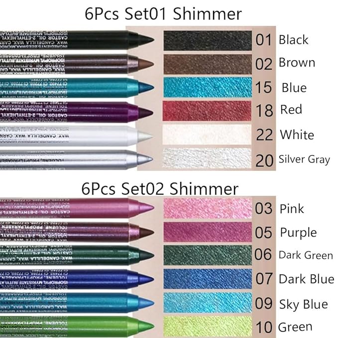 Kaely 6Pcs Glitter Gel Eyeliner Pencil Set for Women, Color Eye Liner Waterproof Smudge Proof with Sharpener, High Pigmented Eye Makeup Liners, lapiz de ojos delineador de ojos contra el agua, 02