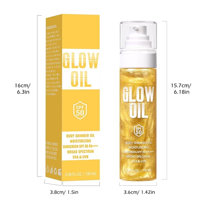 Sunscreen Body Glow Oil【SPF 50】【Lightweight】【Natural Ingredient】Broad Spectrum Shimmer Sunscreen For Face and Body, GOLD