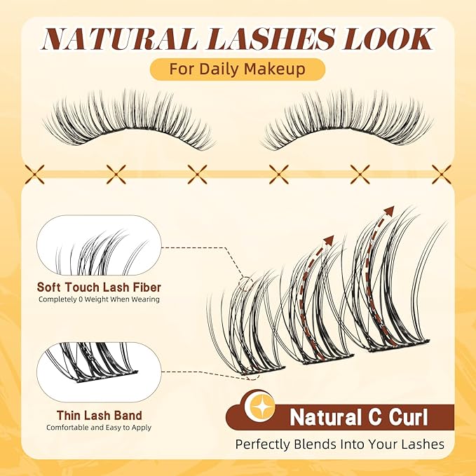 QUEWEL Lash Clusters Kit, 144PCS Natural Lash Custers with Lash Bond and Seal, C Curl Wispy Cluster Lashes Natural Look with Thin Band Easy to use for Beginners (DJ-FD-A）