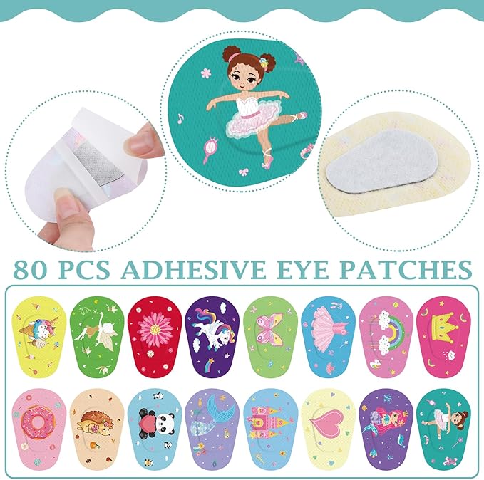 Timgle 80 Pcs Adhesive Eye Patches for Kids Girls 16 Styles Toddler Eye Patches Bulk Latex Free Light Blocking Fun Cute Designs Cotton Adhesive Bandages for Kids Toddler Girls Boys
