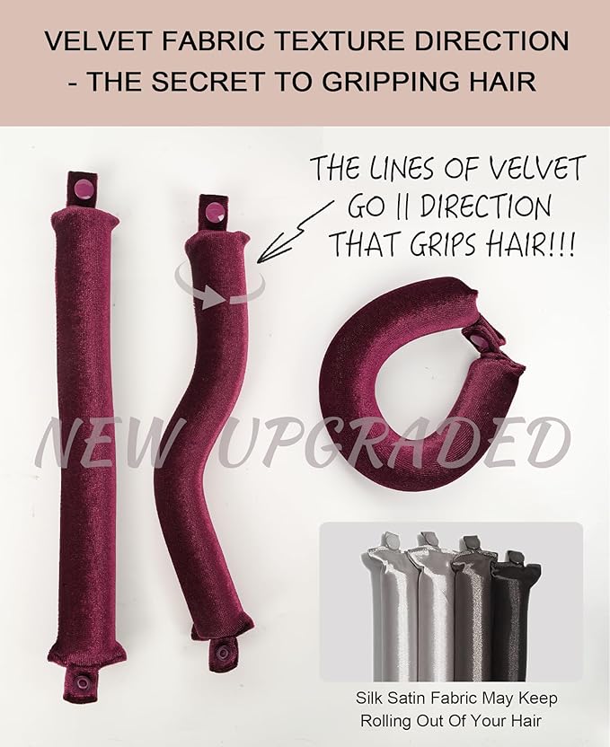 Classic Heatless Curls Overnight Rods - Upgraded Directional Grip Velvet Heatless Hair Curler to Sleep in No Heat Heatless Curling Flexi Rods Foam Hair Rollers for Blowout Look Long & Medium Hair