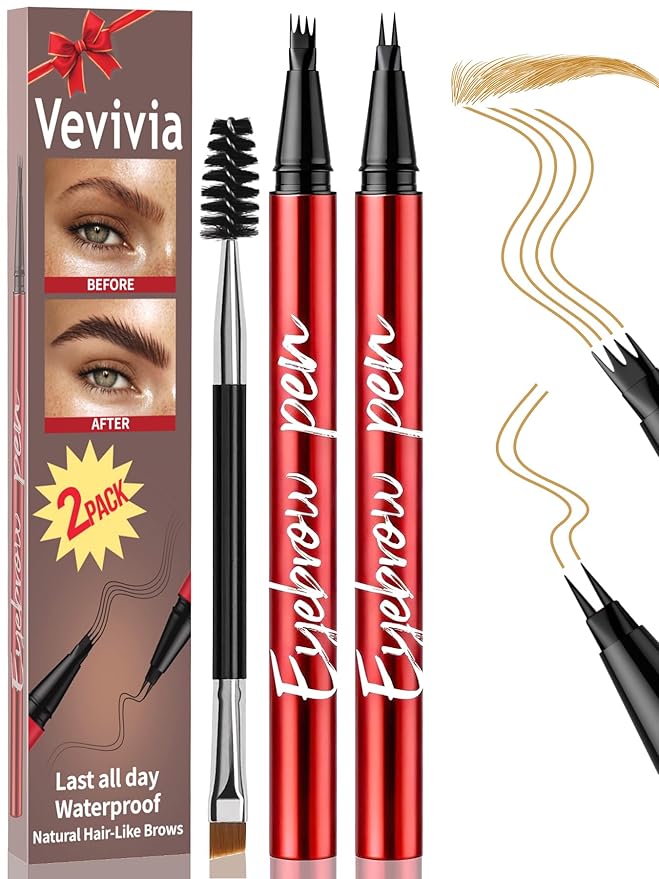 Vevivia 2 Pack Eyebrow Pen with Brush, 4 Tip&2 Tip Waterproof Eyebrow Pencils for Women, Microblading Eyebrow Pencils for All Brow Types to Create Hair-Like Brows, Non Dry Out, All-Day Wear,Blonde