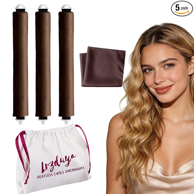 Heatless Curls Overnight Rods Heatless Hair Curler Hair Curlers To Sleep In Heatless Curls Blowout Rods Heatless Curling Rods With Luxury Cloth Bag Scarf For All Hair Types (Brown, 3Rods)