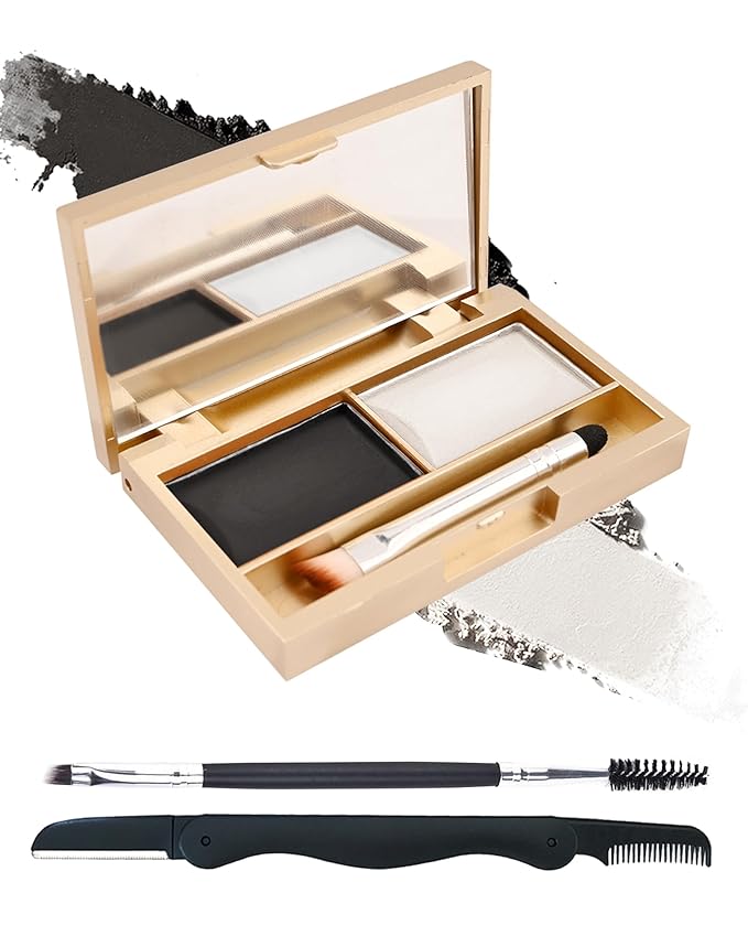 Eyebrow Powder Kit-2 Color Tinted Eye Brow Powder Palette,Longlasting Waterproof Black White Brow Filler, Eyebrow Contour Brighten Eye Makeup Palette for Women with Mirror Brow Brush & Razor-Set 01
