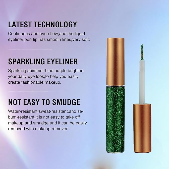 LAIKME Green Glitter Liquid Eyeliner, Shimmer Eyeliner, Long-Lasting Smudge-Proof, Waterproof, Quick-Dry, High Pigment Sparkly Glitter Eye Liner with Ultra-Fine Tip for Parties Festivals