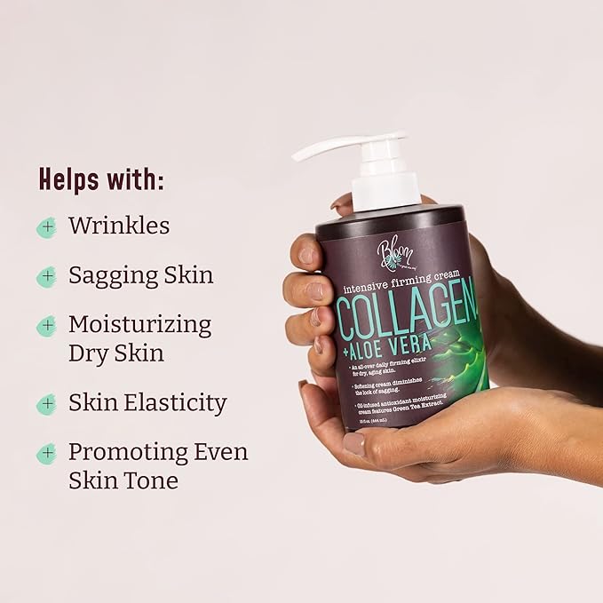 BLOOM IT'S A GREAT SKIN DAY! Men & Women Collagen Cream + AloeVera & Vitamin E Body Lotion & Face Moisturizer | Fragrance Free Skin Firming Lotion | Anti Aging Crepey Skin Tightening Cream | 15 Ounce