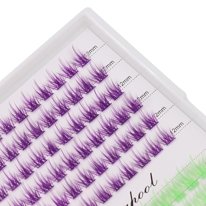 12rows-Large Tray Mixed 8-10-12-14-16mm/Mixed 14-15-16mm/Mixed14mm-16mm/Mixed 18-20mm Wide Stem Individual False Eyelashes Dramatic Black Cluster Eyelashes (LC07-Purple-green-12-14mm)