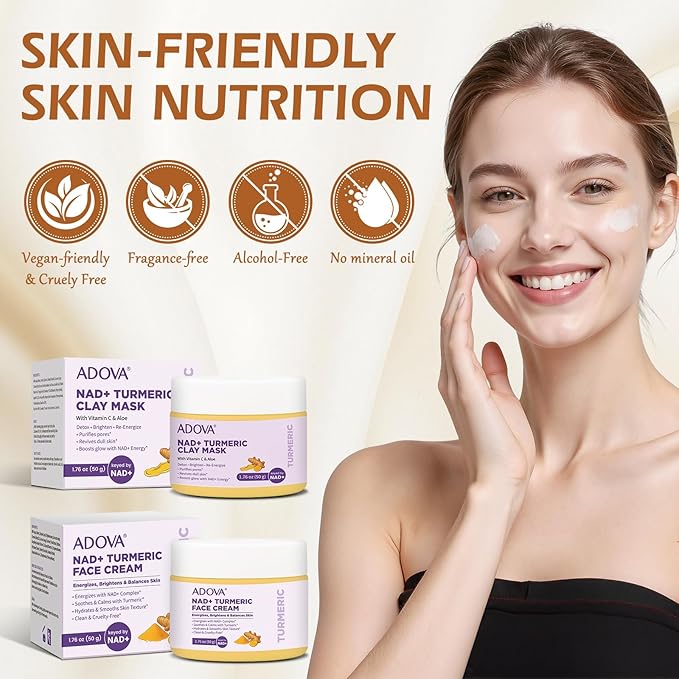 2-Pack All-Natural Turmeric Skin Cream & Nad+ Turmeric Clay Mask, Cleanses Skin, facial Repairand Moisturizing, Lighten Dark Spots, Evens Skin Tone & Anti-Aging