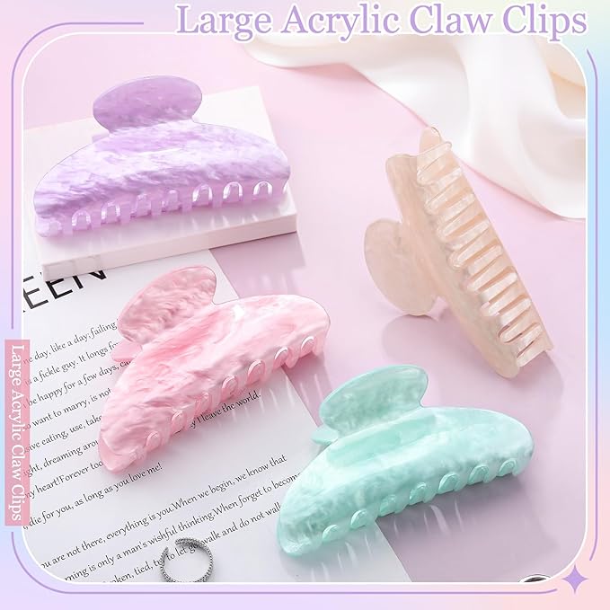 4.2 Inch Large Acrylic Claw Clips, Cute Green Beige Pink Purple Hair Claw Strong Hold Hair Clips Barrettes for Thick Thin Hair, 4 Pack Stylish French Hair Accessories for Women Girls