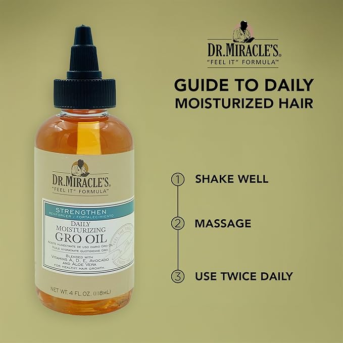 Dr, Miracle's Daily Moisturizing Gro Oil blended with Vitamins A,D,E, Avocado and Aloe Vera – Hair Growth & Scalp Treatment, Strengthens & Repairs, 4 Oz, Pack of 1