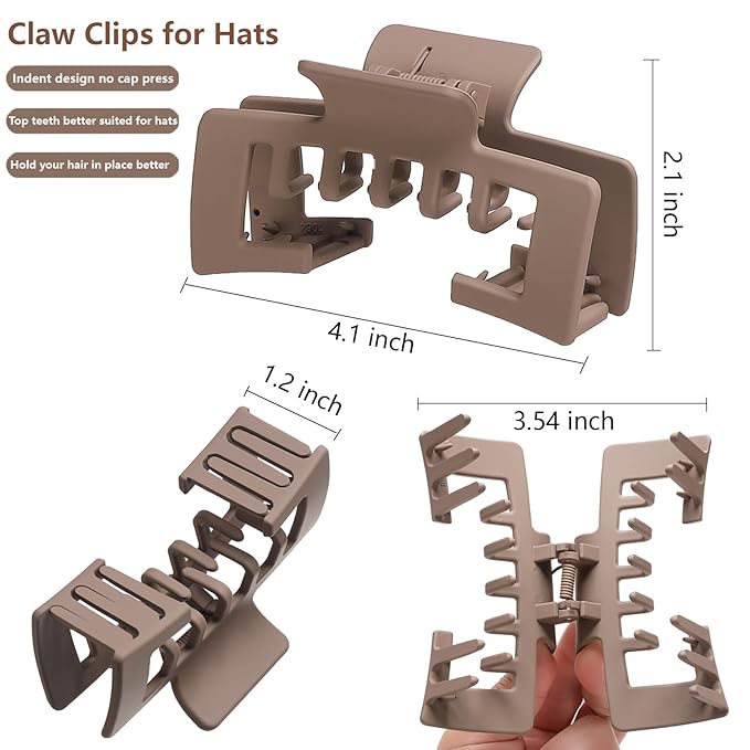 4 Pcs Large Hats Claw Clips for Women, Hat-Friendly Hair Clips for Trucker Hats and Baseball Caps, Matte Non-Slip Strong Hold Hair Claw Clips for Thick Thin Hair