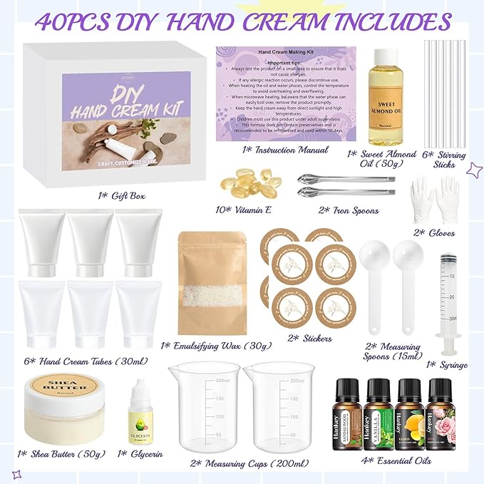 JCOOS Hand Cream Making Kit, Lotion Kit, DIY Handcream For Very Dry Hands, Almond Oil, Vitamin E, Tube, Essential Oils, Natural Whipped Shea Butter Body Butter Making Kit Gifts for Women