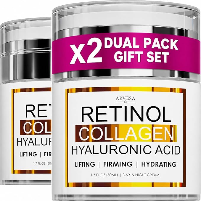 (2 Pack) Retinol Cream for Face with Collagen and Hyaluronic Acid - Anti Aging Wrinkle Cream for Women and Men - Day and Night Facial Moisturizer for Tightening and Skin Firming