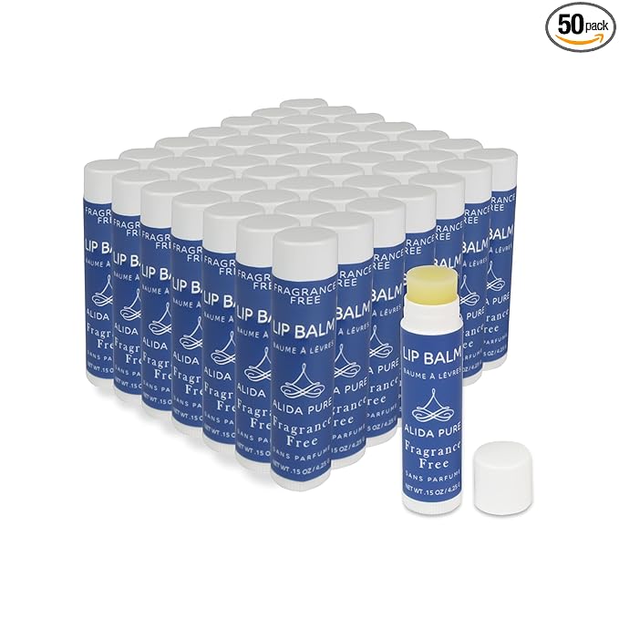 Fragrance Free 50 Tube Lip Balm Collection, Unscented, Vegan, Bees Wax Free, Coconut Oil Free, with Organic Jojoba and Avocado Oil, Vitamin E, For Dry, Chapped, or Cracked Lips, 50 Tubes
