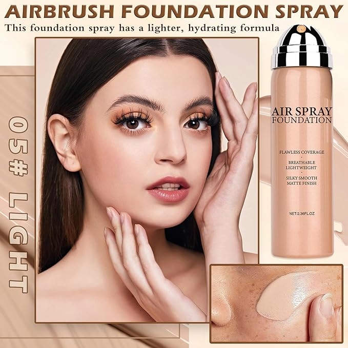 AIUEO Airbrush Foundation Makeup Spray for Mature Skin Lightweight Full Coverage Airbrush Flawless Setting Spray Foundation Makeup-05 Light