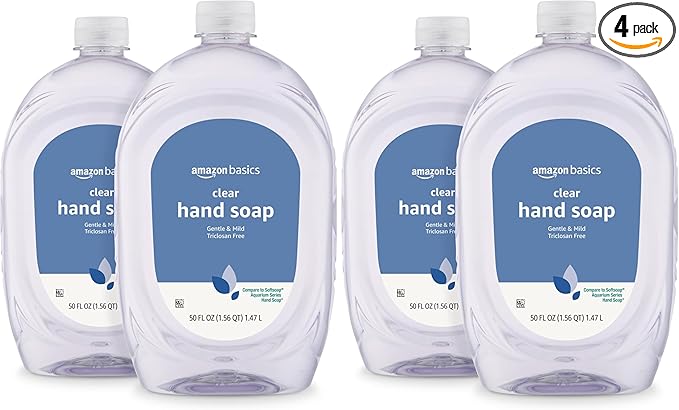 Amazon Basics Gentle & Mild Clear Liquid Hand Soap Refill, Triclosan-Free, Dermatologist-Tested, pH Balanced, 50 Fl Oz, (Previously Solimo) (Pack of 4)