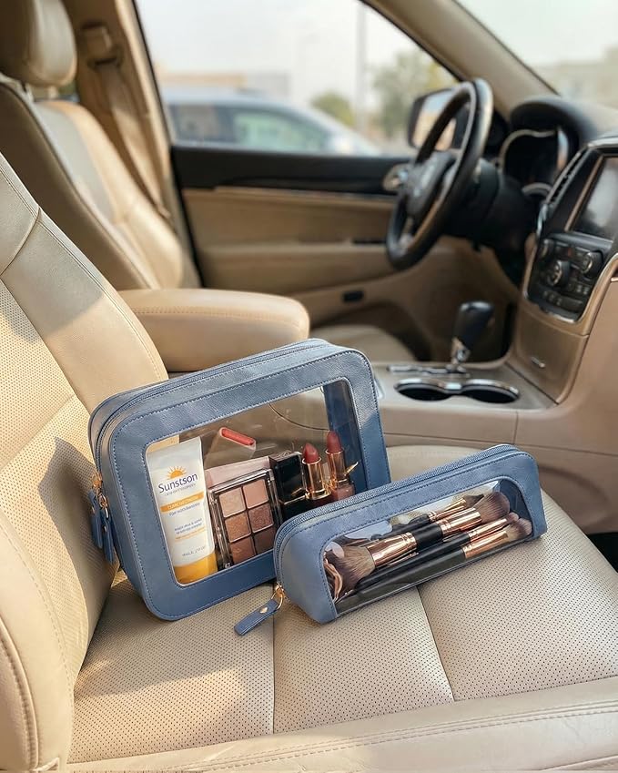LETGO Clear Makeup Bag Set, Waterproof PU Leather Portable Makeup Bag Holder with Transparent Window, Travel Lipstick Case Pouch Car Organizer and Storage for Cosmetics (2Pack-Standard&Slim, Blue)
