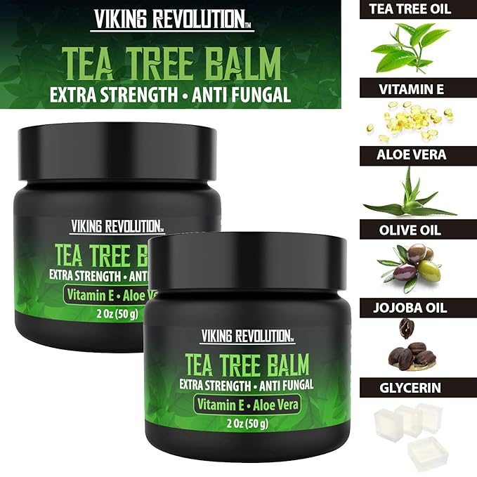 Viking Revolution Tea Tree Oil Cream - Super Balm Athletes Foot Cream - for Eczema, Jock Itch, Ringworm, Nail Treatment - Soothing Skin Moisturizer for Itchy, Scaly, Cracked Skin, 2 Ounce (Pack of 2)