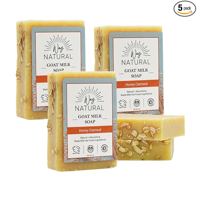 Goat Milk Soap Bar (Bulk, 5 Pack) - Honey Oatmeal Soap for Men & Women - Natural, Handmade w/Real Milk - Dry, Sensitive Skin, Hands/Body - Gentle, No Dyes - (Large, 5oz)
