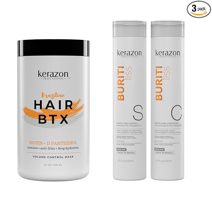 Kerazon Brazilian Hair BTX Treatment For All Hair Types + Sulfate Free and Sodium Free Shampoo & Conditioner KIT