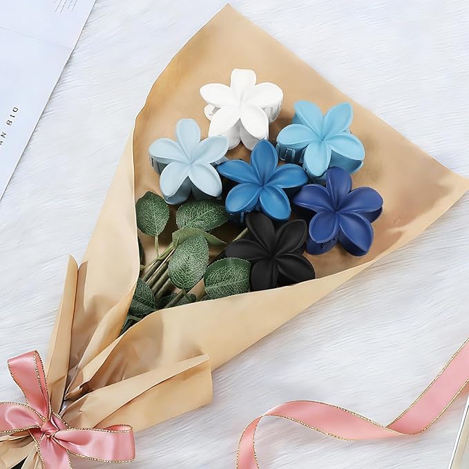 CHANDAT Flower Hair Clips 6 PCS Hawaiian Claw Clips for Vacation Hibiscus Hair Claw Cute Large Hair Clips for Thick and Thin Hair Plumeria Hair Accessories for Women Girls -Blue