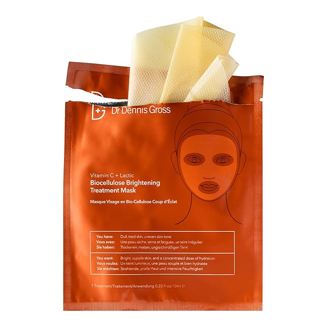 Dr Dennis Gross Vitamin C Lactic Biocellulose Brightening Treatment Mask, Revive Dry, Visibly Damaged Skin, 4 Pack