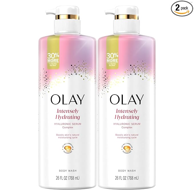 Olay Body Wash for Women, Intensely Hydrating, Hyaluronic Acid Serum Complex, Renews Moisture, Free of Parabens & Phthalates, Vitamin B3 Lameller Technology, For All Skin Types, 26 fl oz (Pack of 2)
