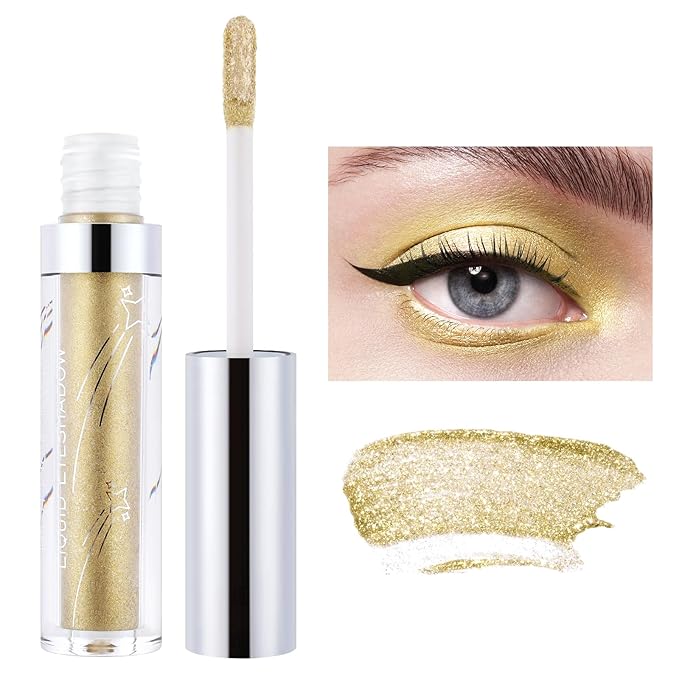 Glitter Liquid Eyeshadow, Metallic Glitter Shimmer Sparkling Eye Shadow, Long Lasting Waterproof High Pigments Sparkle Eye Makeup Kit, Metals Gloss Eyeliner Pen(Gold Cream)