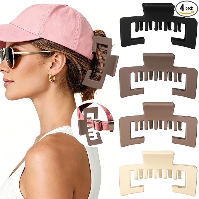 4 Pcs Large Hats Claw Clips for Women, Hat-Friendly Hair Clips for Trucker Hats and Baseball Caps, Matte Non-Slip Strong Hold Hair Claw Clips for Thick Thin Hair