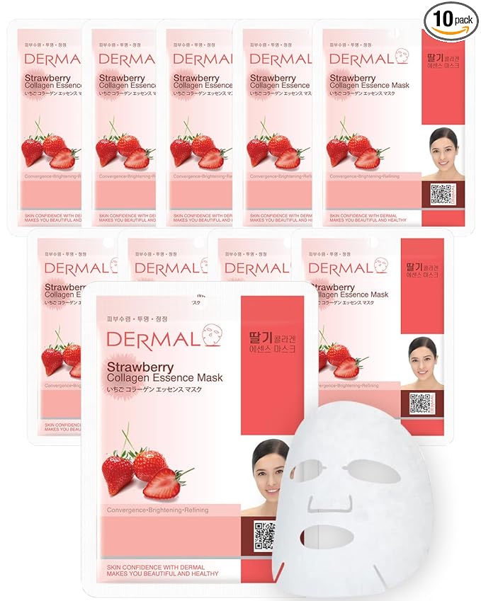 DERMAL Strawberry Collagen Essence Facial Mask Sheet 23g Pack of 10 - Pore Tightening & Sebum Control for Oily Skin, Hydrating Daily Skin Treatment Solution Sheet Mask