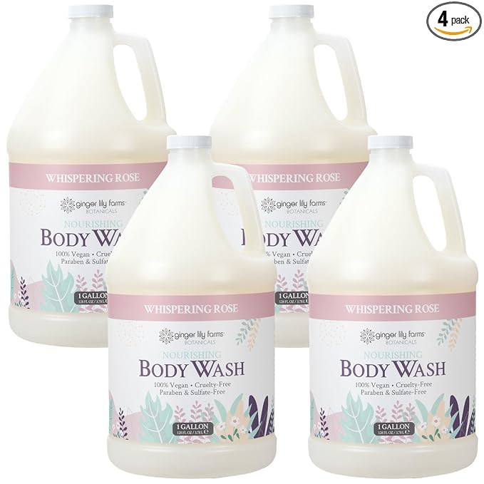 Ginger Lily Farms Botanicals Nourishing Body Wash, 100% Vegan & Cruelty-Free, Whispering Rose Scent, 1 Gallon (Pack of 4)