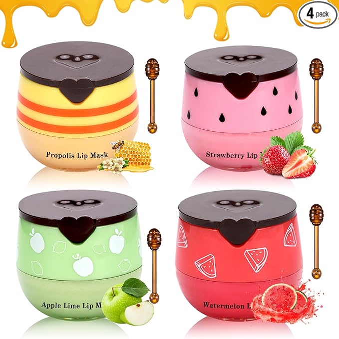 4 PCS Bee Lip Balm Honey Pot,Honey Strawberry Watermelon Apple Lip Mask, Reduces Lip Lines,Hydrating Exfoliating Lip Balm