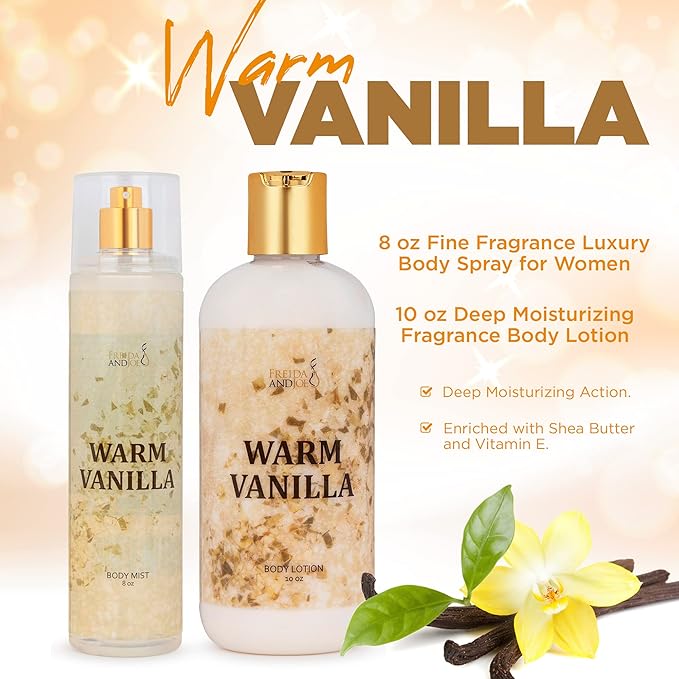 Home Spa Gift 10oz Deep Moisturizing Fragrance Body Lotion & 8 oz. Fine Fragrance Body Mist Set Luxury Self-Care Combo for Women and Girls (Warm Vanilla) – Mother's Day Gift for Mom