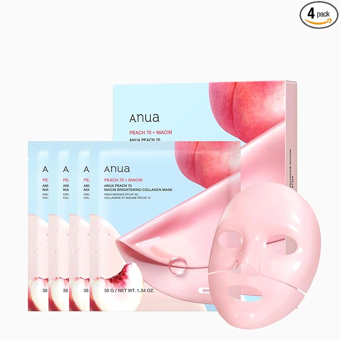 ANUA Peach 70 Niacin Brightening Collagen Mask, Overnight Face Mask for Glass Skin, Niacinamide, Elasticity, Even Skin Tone, Natural Color, Korean Skincare, 1.34 fl.oz/4ea