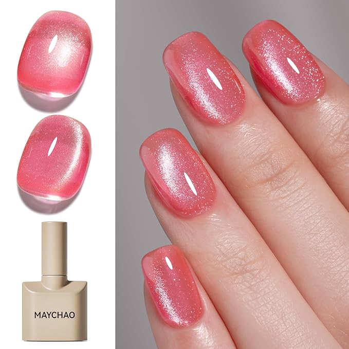 MAYCHAO 15ML Candy Pink Cat Eye Gel Nail Polish 1Pc Pink Glitter Holographic Magnetic Gel Polish with Magnet Soak Off UV/LED Nail Art Salon Manicure DIY at Home for Girls Women, 0.5O Z