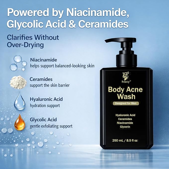 Men's Acne Body Wash, Acid Body Wash for Back, Chest & Shoulders, with Niacinamide, Glycolic Acid & Ceramides, 8.5 fl oz