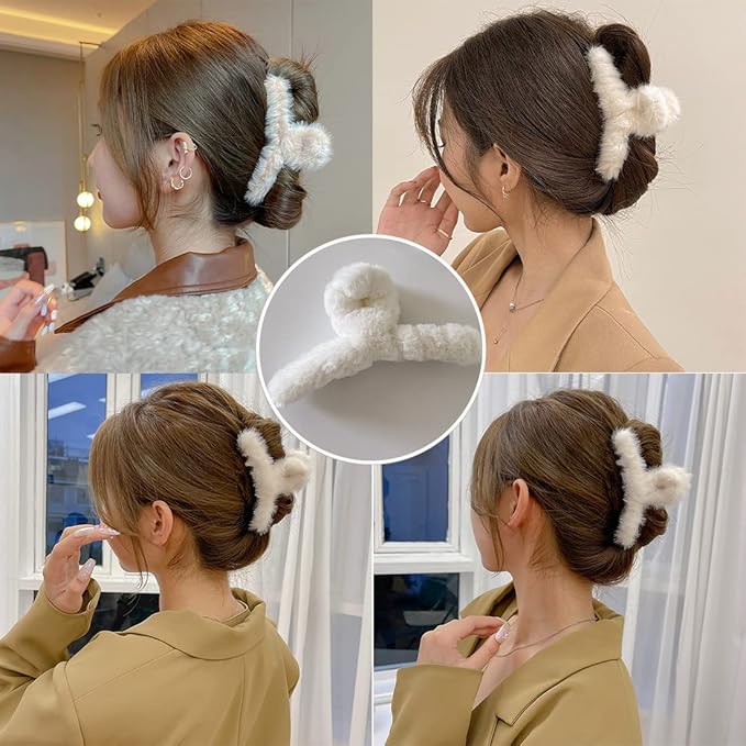 Sokfone 2pcs Fuzzy Claw Clip, Plush Hair Clamp for Thick Hair, Large Faux Fur Hair Clips, Cute Hair Clips for Thin Hair