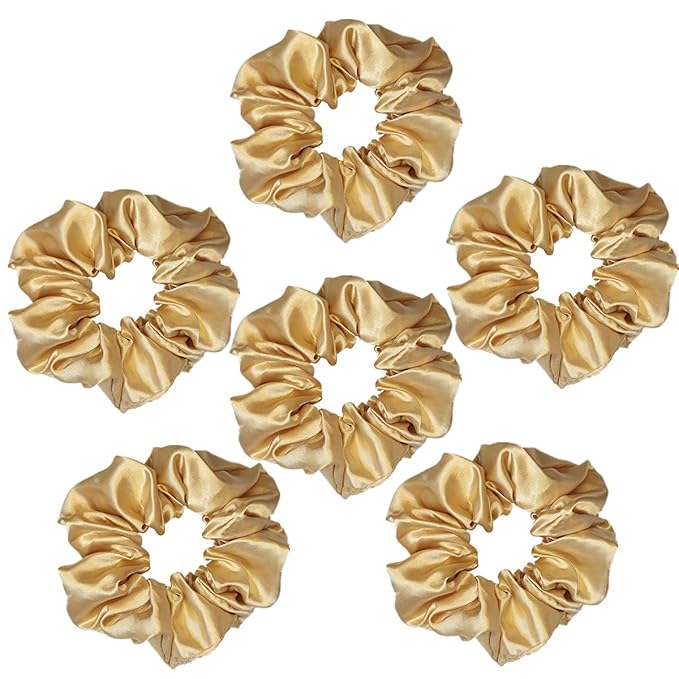 6 Pcs Satin Silk Hair Scrunchies Soft Hair Ties Fashion Hair Bands Hair Bow Ropes Hair Elastic Bracelet Ponytail Holders Hair Accessories for Women and Girls (4.5 Inch, Dark Gold)