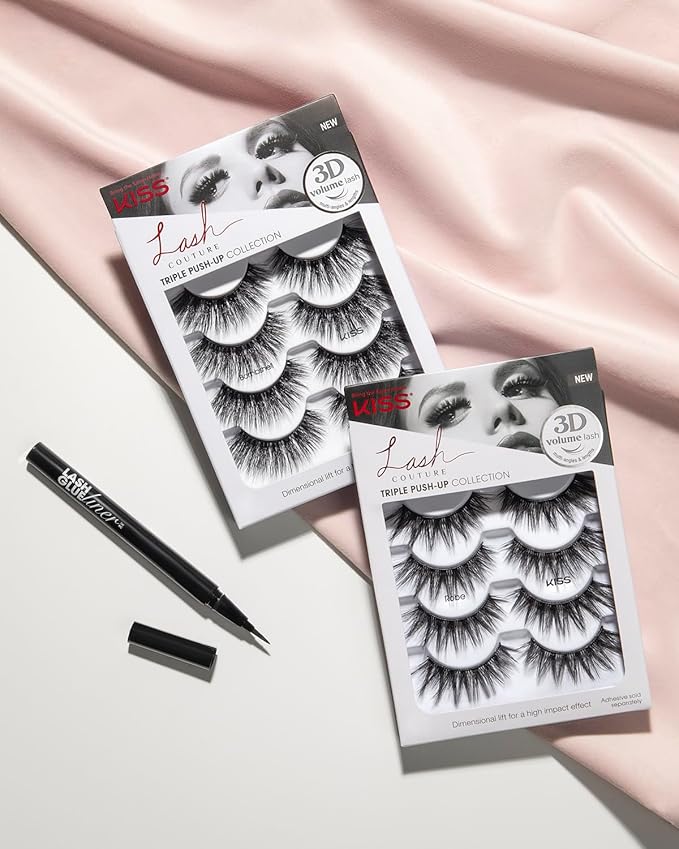 KISS Triple Push-Up, False Eyelashes, 'Bombshell', 14mm, Includes 4 Pairs Of Lashes, Easy to Apply, Reusable Lash Clusters (Pack of 2)