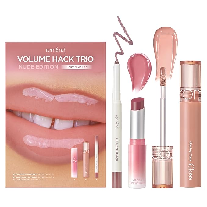 rom&nd Volume Hack Trio Berry Nude Set | 3-Step Plumping Lip Kit for Defined, High-Shine Lips | TikTok Viral Cool-Tone Gradient