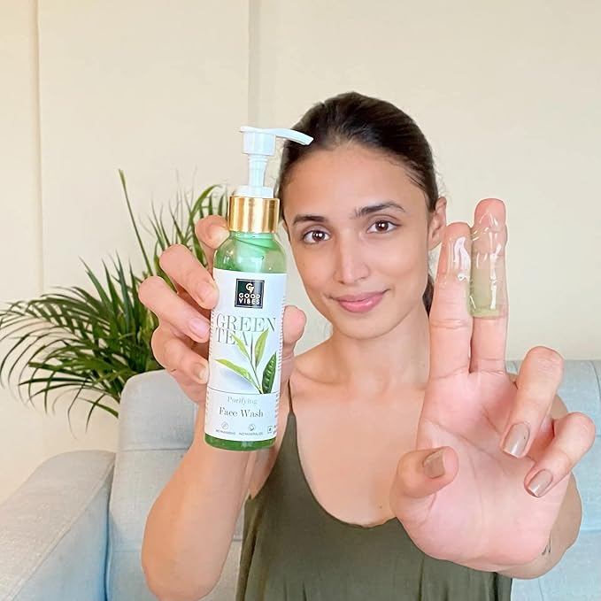 Good Vibes Green Tea Face Wash | Anti Acne Deep Cleansing Antioxidants Rich Facial Cleanser For All Skin Types | Natural, No Parabens & Mineral Oil (120 ml/4.06 Fl Oz)