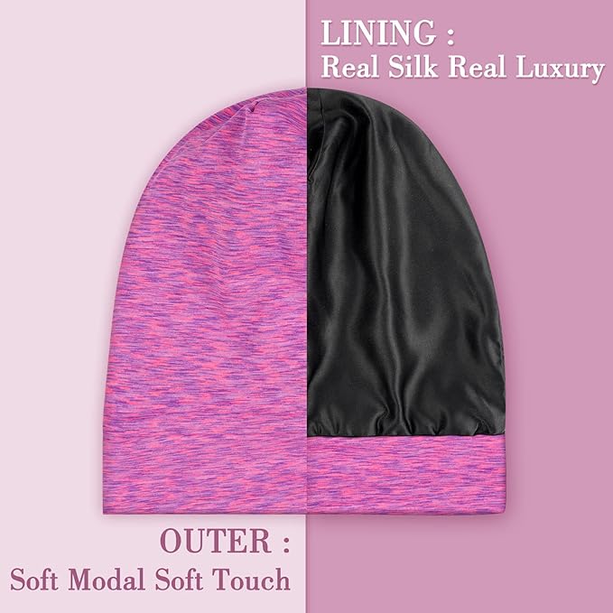 LULUSILK Mulberry Silk Bonnet for Sleeping Women, Real Silk Sleep Cap for Curly Hair and Braids, Pure Head Wrap with Scrunchies, Hot Pink
